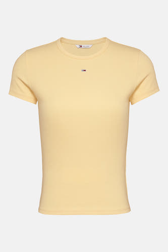 T-shirt jaune à manches courtes de TOMMY JEANS, avec une texture côtelée et un petit logo sur la poitrine.