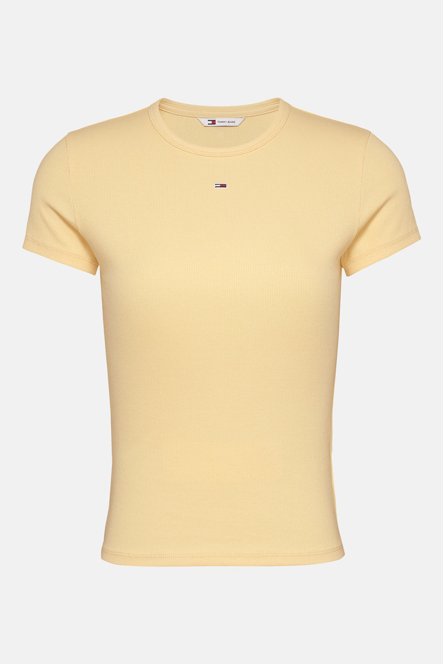 T-shirt jaune à manches courtes de TOMMY JEANS, avec une texture côtelée et un petit logo sur la poitrine.