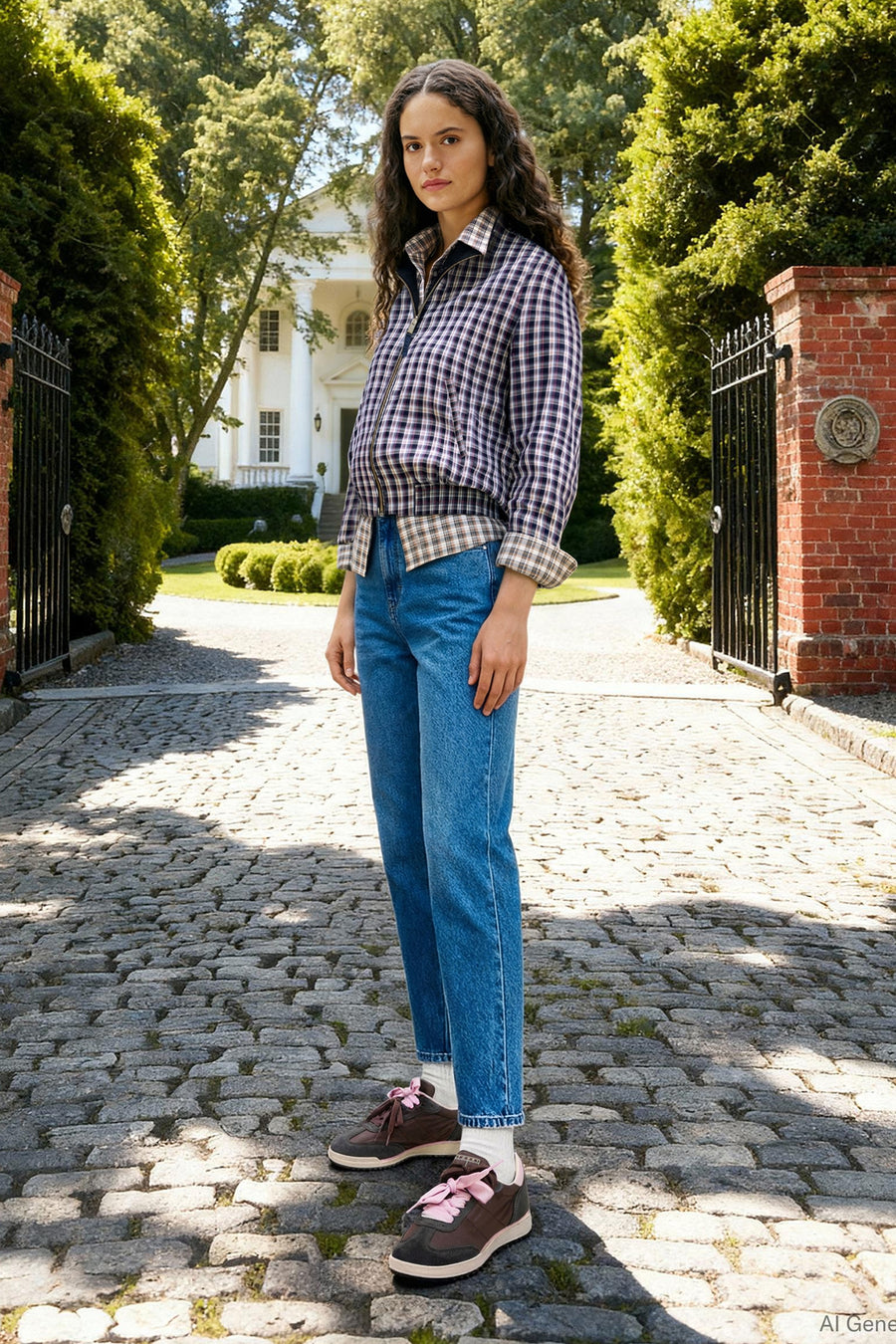 Jean mom en denim bleu moyen de TOMMY JEANS, avec une taille haute et des jambes droites, combiné avec une veste à carreaux et des baskets marron.