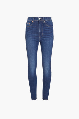Jean skinny bleu marine de TOMMY JEANS, denim uni avec une légère usure et des poches classiques.