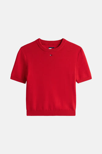 Sweat-shirt rouge avec col rond de TOMMY JEANS, à manches courtes et en texture côtelée.