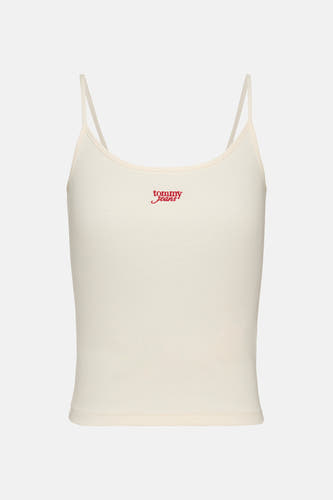 Sous-vêtement TOMMY JEANS de couleur écru avec des bandes spaghetti et un logo brodé rouge sur la poitrine.