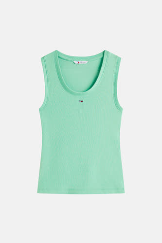 T-shirt vert à manches courtes côtelé de Tommy Jeans avec un petit logo sur la poitrine.