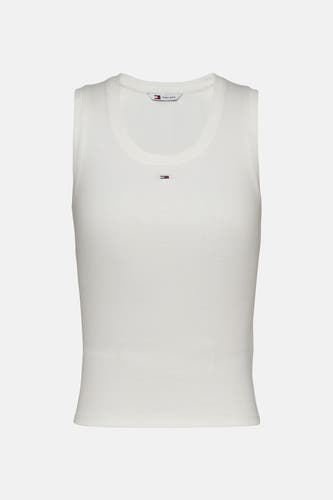T-shirt écru de TOMMY JEANS, avec une texture côtelée et un petit logo sur la poitrine.