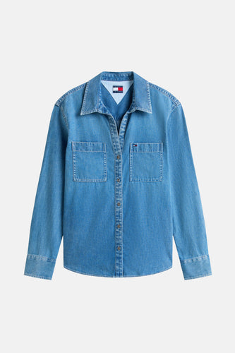 Blauw denim overhemd met lange mouwen.