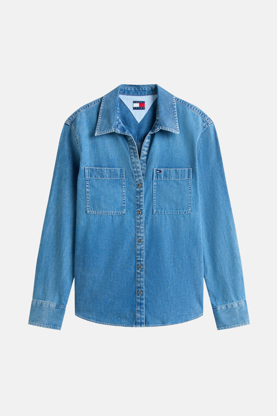 Blauw denim overhemd met lange mouwen.