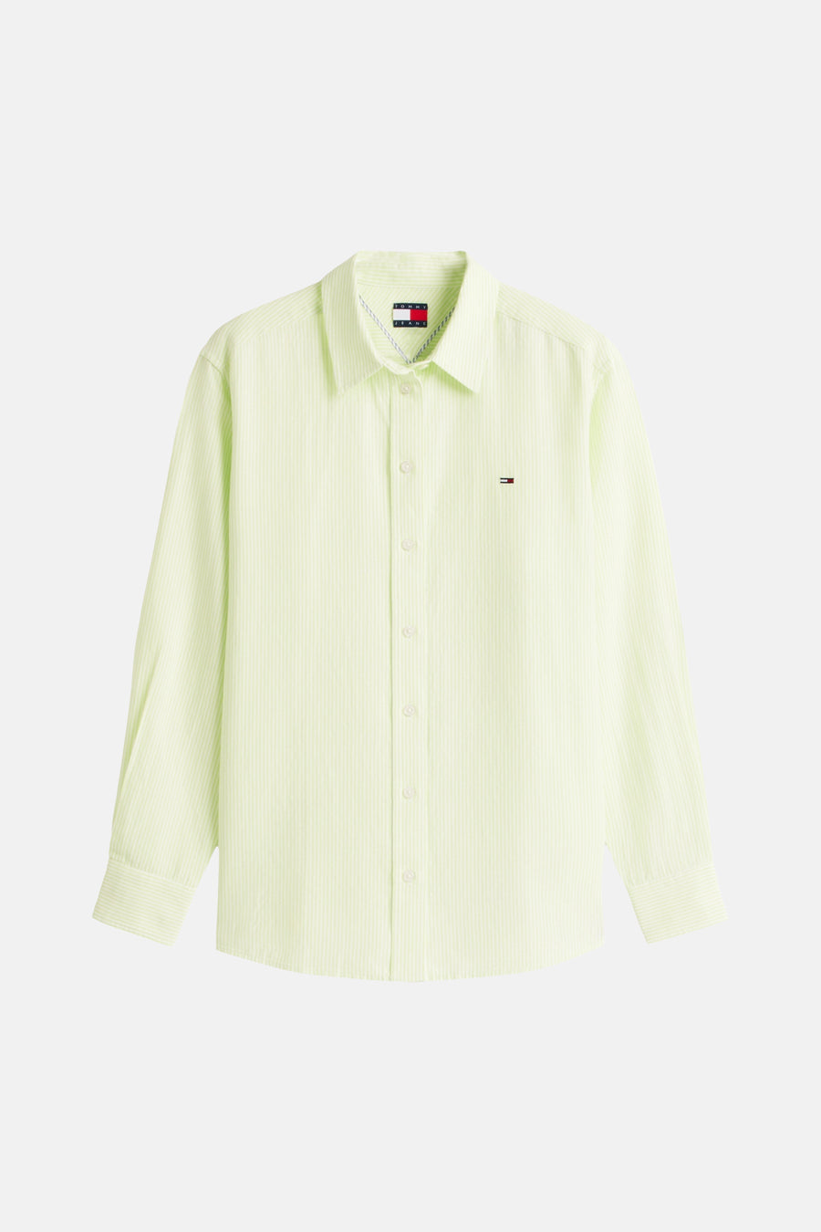 Chemise verte à manches longues TOMMY JEANS, à fines rayures et avec un petit logo sur la poitrine.