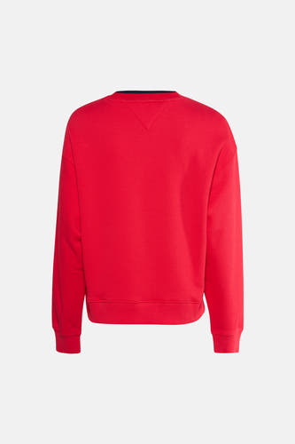 Pull rouge TOMMY JEANS à manches longues, texture côtelée et col rond.