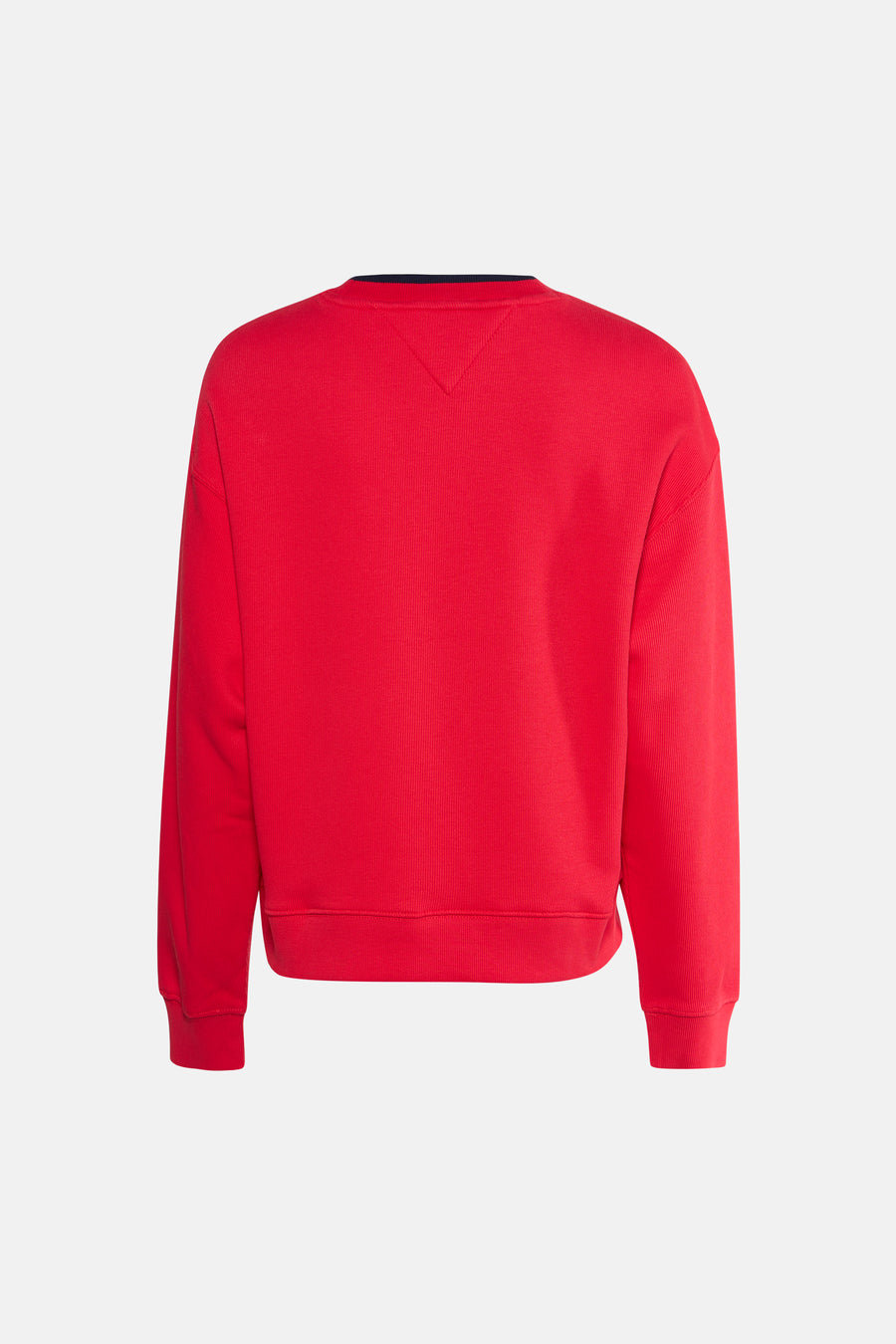 Pull rouge TOMMY JEANS à manches longues, texture côtelée et col rond.