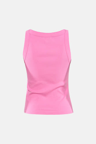 Roze ribbel tanktop van TOMMY JEANS, strak model, achterzijde, gladde stof, minimalistisch design