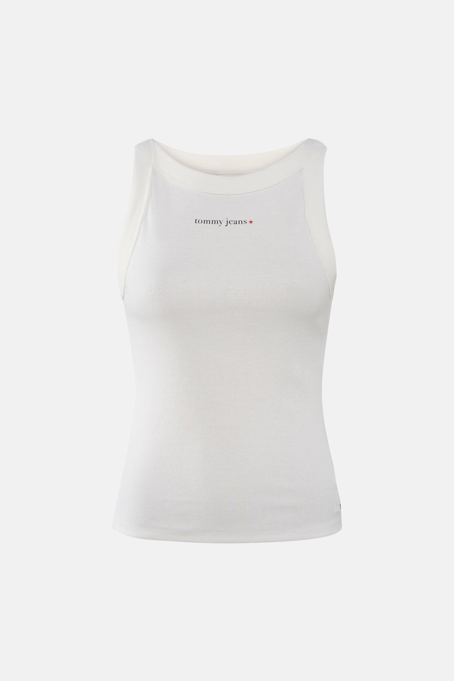 Witte ribbel tanktop van TOMMY JEANS met klein logo op borst, voorzijde weergave