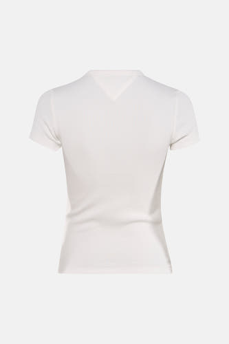 Witte korte mouwen T-shirt van TOMMY JEANS, ribbeltextuur, V-hals aan de rug, strak model, achterkant weergegeven
