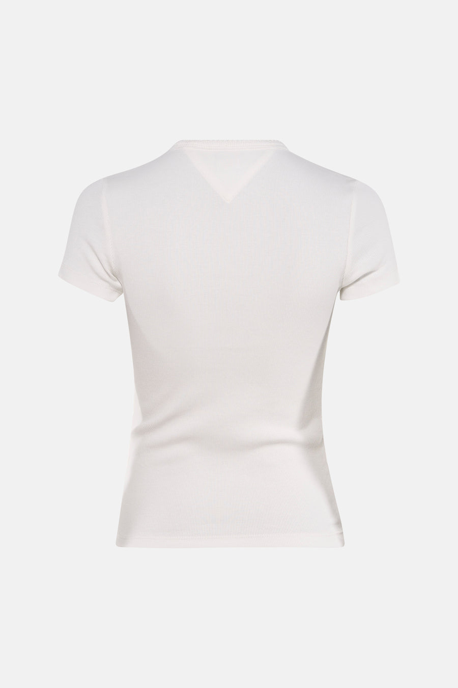 Witte korte mouwen T-shirt van TOMMY JEANS, ribbeltextuur, V-hals aan de rug, strak model, achterkant weergegeven