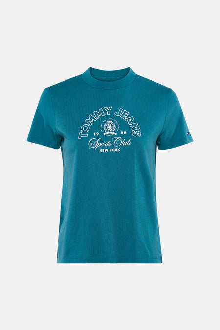 Groene korte mouwen T-shirt van TOMMY JEANS met witte logo print en ronde hals, front view