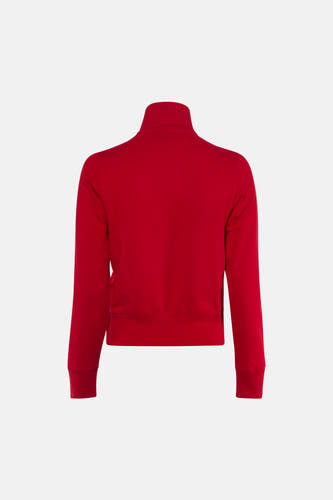 Rode ronde hals sweater van TOMMY JEANS, achterzijde, ribboorden aan mouwen en zoom, gladde stof, strakke pasvorm