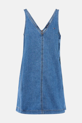 Blauw denimkleedje met korte mouwen van TOMMY JEANS, V-hals, voorzijde met zakken en contrastnaden