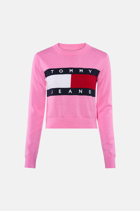 Roze ronde hals trui van TOMMY JEANS met kleurrijk logo op borst, strakke pasvorm, voorzijde weergave