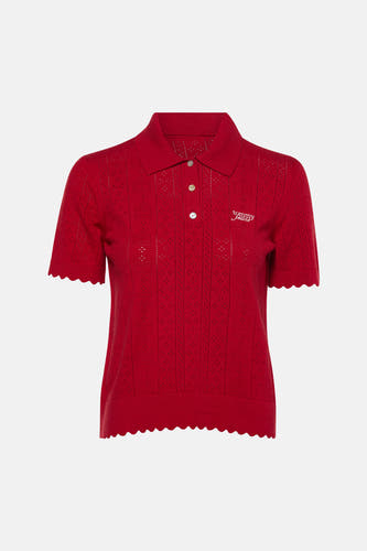 Rode korte mouwen polo van TOMMY JEANS met gebreid patroon en golvende zoom, vooraanzicht