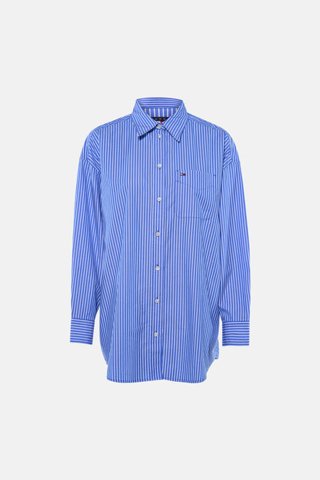 Blauw gestreept lange mouwen overhemd van TOMMY JEANS met borstzakje en knoopsluiting, front view