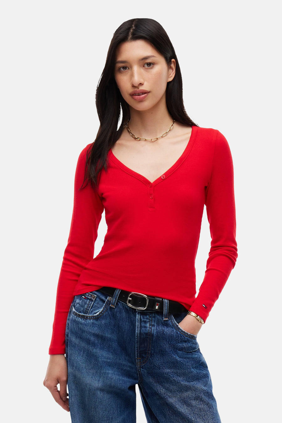 Top uni manche longue rouge - TOMMY JEANS