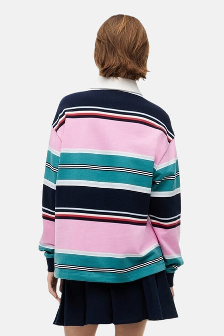 Multicolor gestreepte lange mouwen polo van TOMMY JEANS, achterzijde, met roze, turkoois en marineblauw, ronde hals, oversized fit