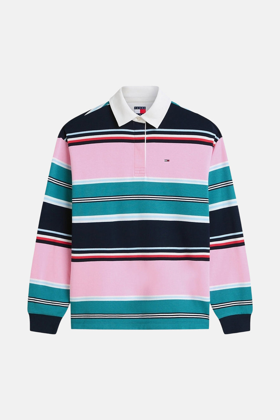 Multicolor gestreepte polo met lange mouwen van TOMMY JEANS, witte kraag, kleurrijke horizontale strepen, voorzijde weergave