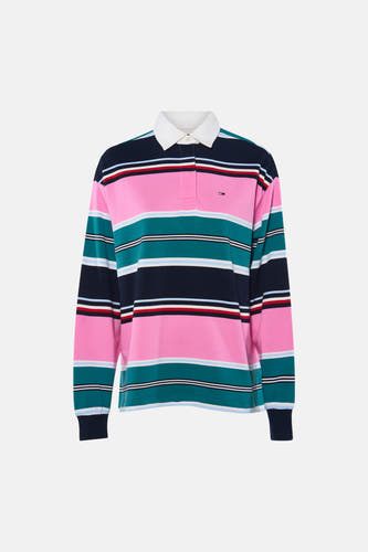 Multicolor gestreepte lange mouwen polo van TOMMY JEANS met witte kraag en klein logo op borst, front view
