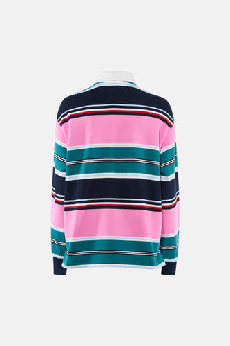 Multicolor gestreepte lange mouwen polo van TOMMY JEANS, achterzijde, met roze, donkerblauw en turkoois, gebreid textuur
