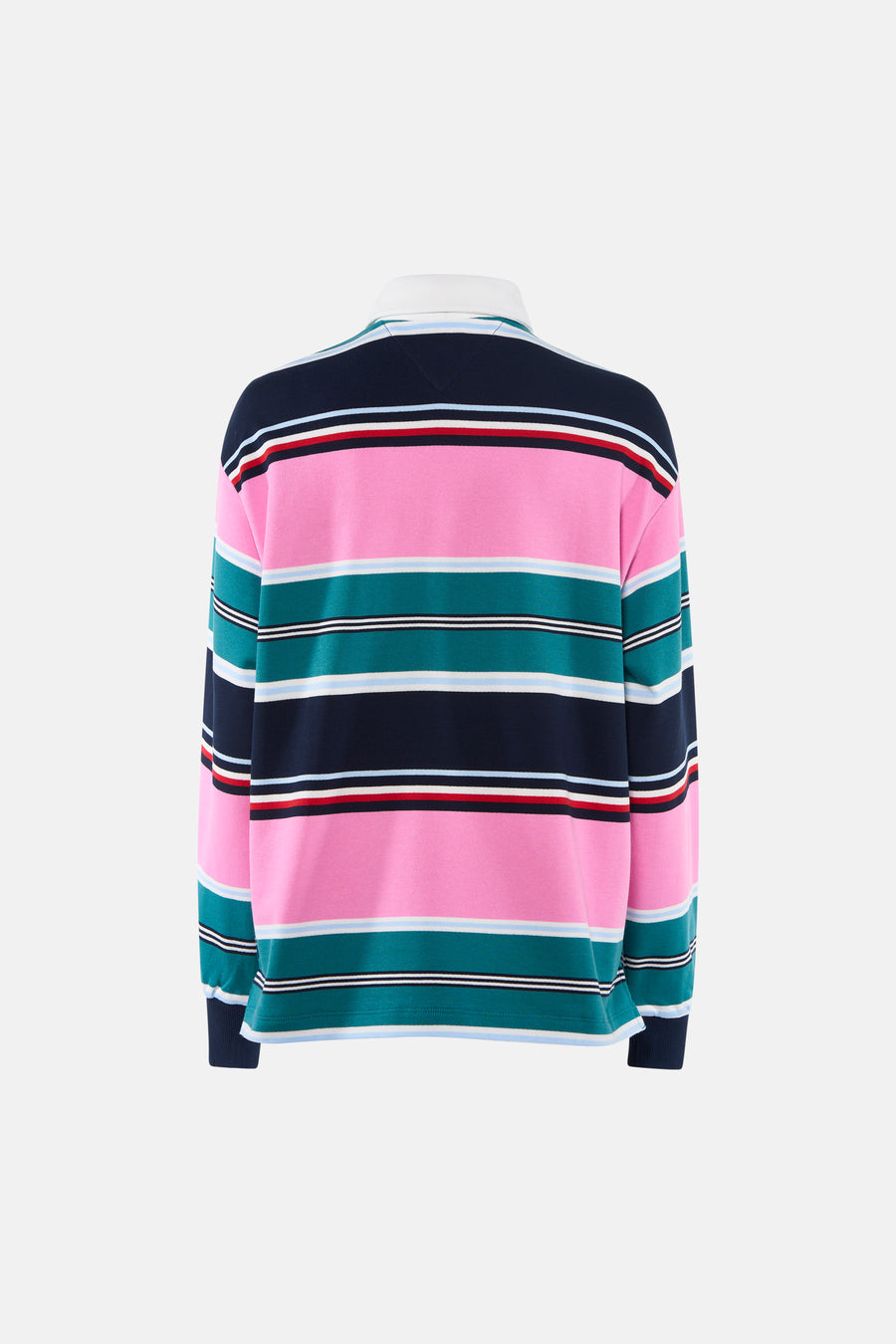 Multicolor gestreepte lange mouwen polo van TOMMY JEANS, achterzijde, met roze, donkerblauw en turkoois, gebreid textuur
