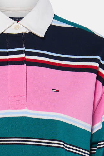 Multicolor lange mouwen polo van TOMMY JEANS met gestreepte panelen in roze, groen en marine, witte kraag en klein logo op borst