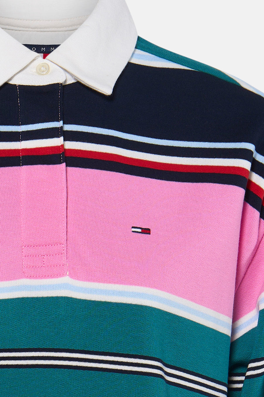 Multicolor lange mouwen polo van TOMMY JEANS met gestreepte panelen in roze, groen en marine, witte kraag en klein logo op borst