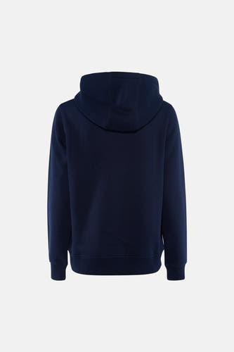 Donkerblauwe sweater met kap van TOMMY JEANS, achterzijde, ribboorden aan mouwen en zoom, eenvoudig design