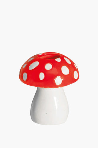 Décoration de champignon rouge DOIY, avec des taches blanches et un dessus ouvert.