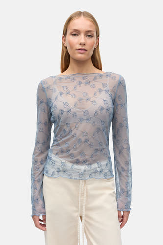Blauw blouse met lange mouwen van ENVII, met een bloemenpatroon over doorschijnende stof.