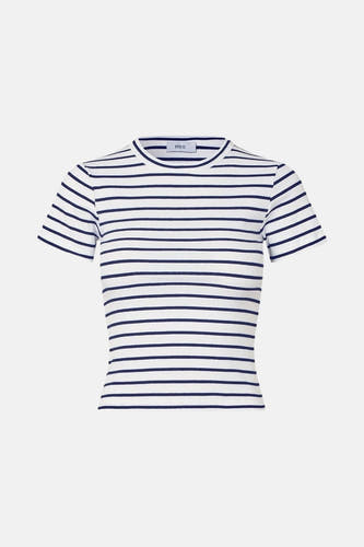 T-shirt rayé blanc à manches courtes d'ENVII, avec col rond et texture côtelée.