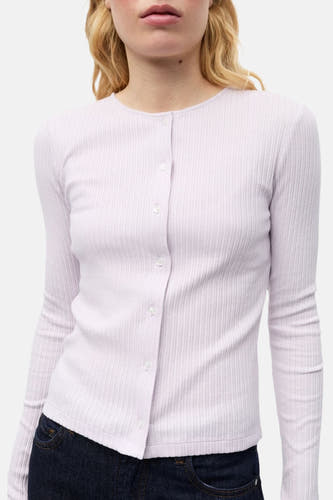 Gilet parme d'ENVII, avec des manches longues, une texture côtelée et une fermeture à boutons.