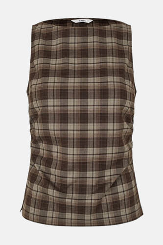 Blouse sans manches en motif carreaux brun d'ENVII, avec un détail plissé sur le côté.