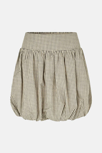 Jupe courte beige d'ENVII, avec une imprimé à carreaux et une ceinture élastique.