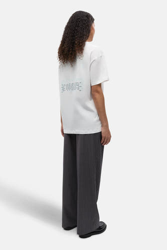 Grijze broek met krijtstreep van ENVII, gecombineerd met een wit T-shirt, achterkant.
