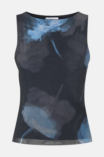 T-shirt noir sans manches d'ENVII, avec un motif floral bleu.