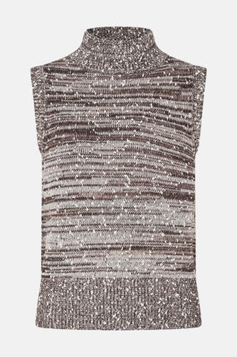 T-shirt marron d'ENVII, avec un motif de rayures mélangées et un col haut.