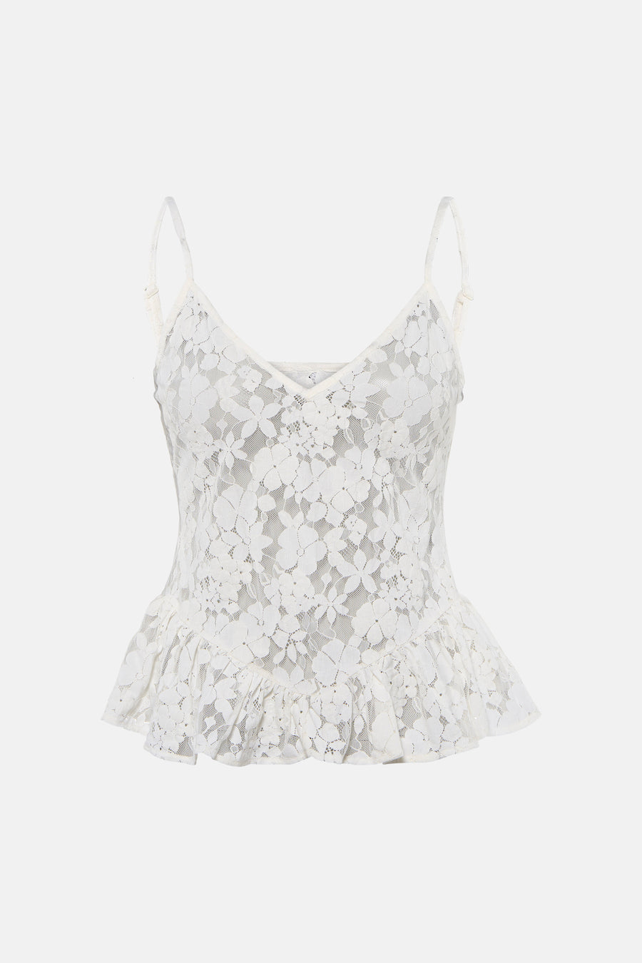 Camisole en dentelle blanche ENVII à motif floral et ourlet à volants évasé.