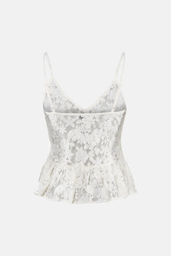 Chemisier sans manches en dentelle blanche à motif floral, fines bretelles et ourlet péplum, dos.
