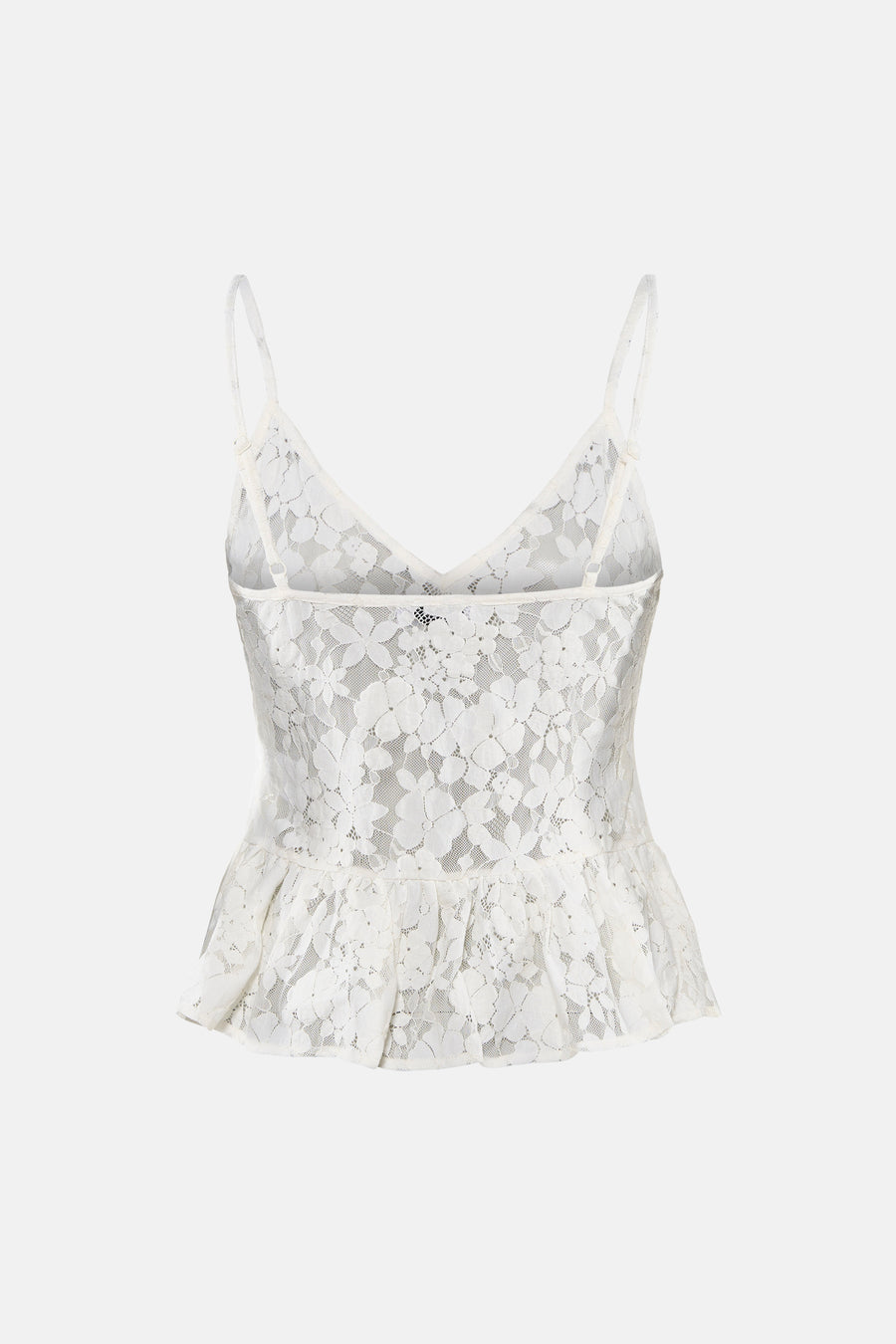 Chemisier sans manches en dentelle blanche à motif floral, fines bretelles et ourlet péplum, dos.