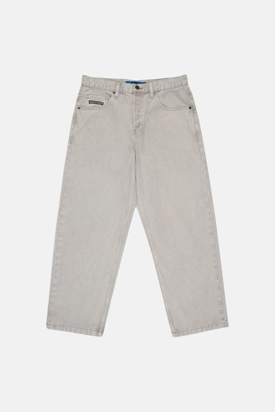 Lichte grijze denim jeans met speciale pasvorm van DC SHOES, met groen label op de rechterzak.