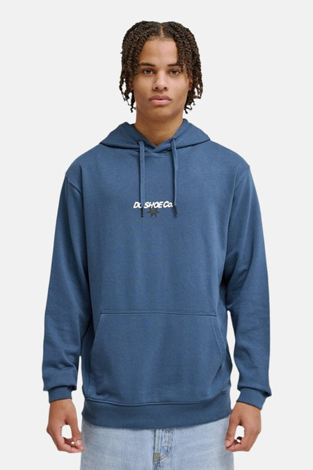 Sweat à capuche bleu de DC Shoes, avec cordon de serrage et poche kangourou sur le devant.