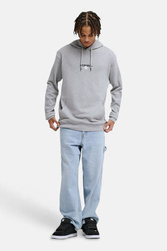 Sweat à capuche gris de DC SHOES, avec un logo sur la poitrine et combiné avec un jean ample et des chaussures noires.