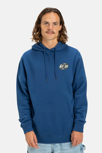 Pull-over bleu avec capuche de DC SHOES, avec logo sur la poitrine et cordons à l'extrémité de la capuche.