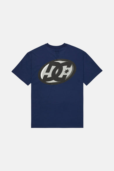 T-shirt bleu à manches courtes de DC SHOES, avec un grand logo ovale sur la poitrine.