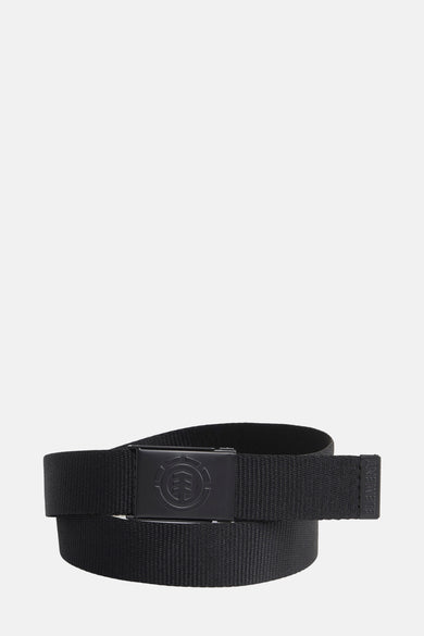 Ceinture noire d'ELEMENT, avec logo de marque sur la boucle et nom de marque sur la boucle de ceinture.